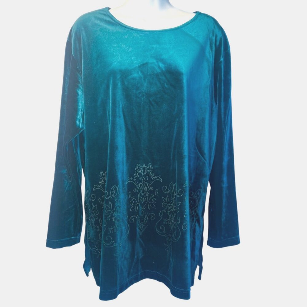 Vintage DIANE VON FURSTENBERG 90s Emerald Velvet Filigree Burnout Tunic Top